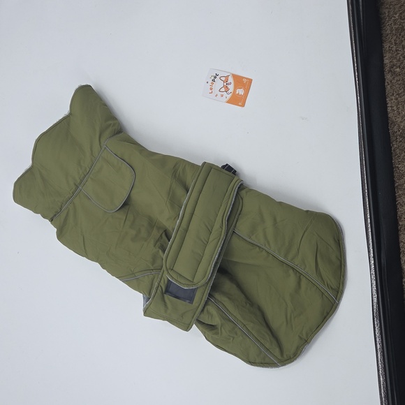 Army Green Dog Coat with Gray Trim - Picture 9 of 16